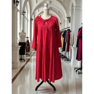 9 Seed Province Dress Red Tiered Cotton Boho Midi Made in USA
